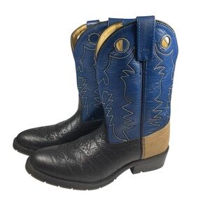 Double H Western Cowboy Boots Blue and Black Leather with Tan Accents.